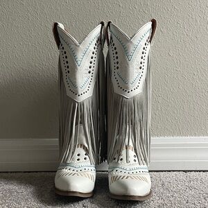 White and Blue Fringe Cowboy Boots